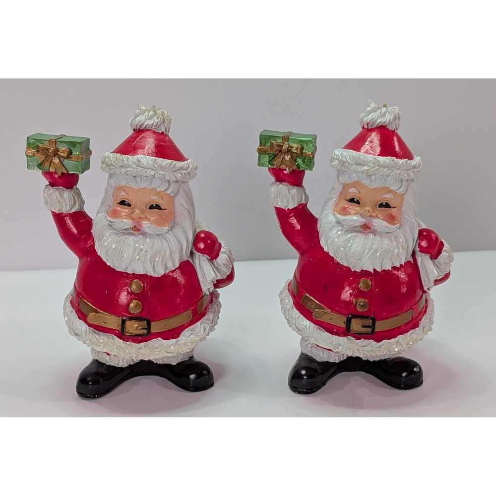 Santa Claus Figurine Set 2pc Small Red Good Vintage Christmas Decor